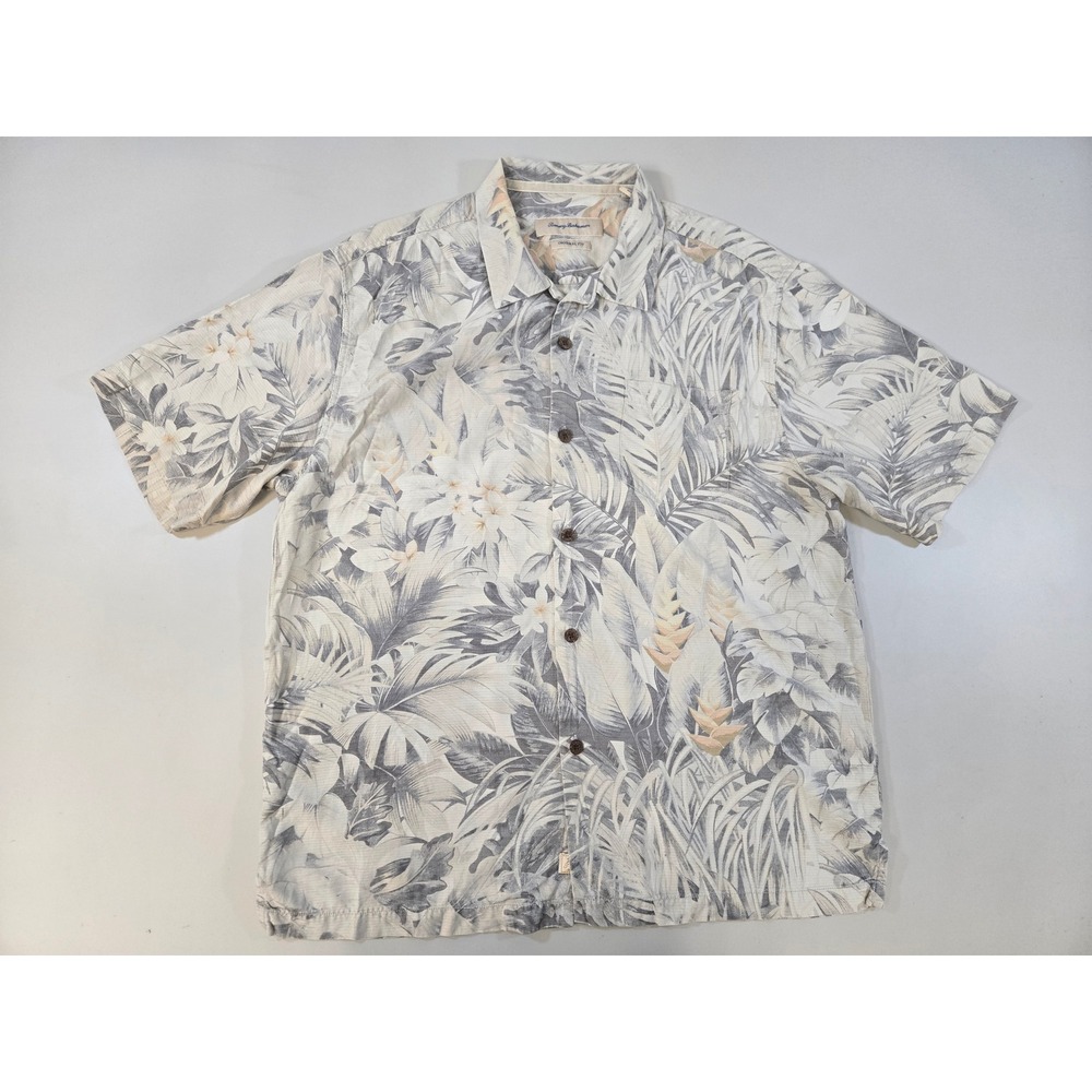 Tommy Bahama Mens Large Silk Tropical Palm Leaf Button Front‎ Camp Shirt Grey L